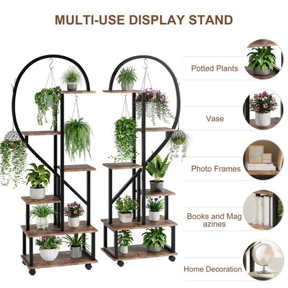 Plantenrek – Plantenstandaard – Plantentafel – Plantenrekken – Bloemenrek – 2 stuks 6 niveaus – Met laden en afneembare wieltjes – Stevig metalen half-hartvormig design