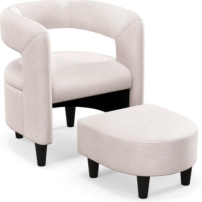 Relaxfauteuil – Relaxstoel – Fauteuil – Loungefauteuil – Leunstoel – Met Ottomane – Velvet Bekleding – Massief Houten Frame – Beige