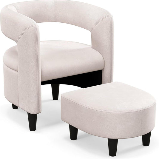 Relaxfauteuil – Relaxstoel – Fauteuil – Loungefauteuil – Leunstoel – Met Ottomane – Velvet Bekleding – Massief Houten Frame – Beige