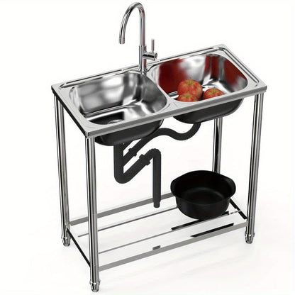 Dubbele RVS Spoelbak – RVS Keukenspoelbak – Vrijstaande Spoelbak – Dubbele Waskom – Buiten Spoelbak – 78x43x82 cm – Inclusief Warm- en Koudwaterkraan – Roestvrij Staal