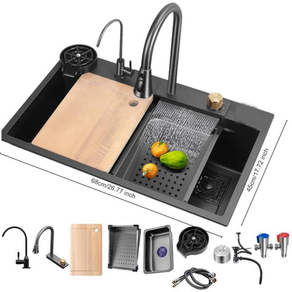 Keukenspoelbak – Spoelbakken Keuken – Wasbak Keuken – Gootsteen Keuken – Enkele Spoelbak – Zwart RVS – 68x45 cm – Inclusief Afdruiprek en Watervalkraan