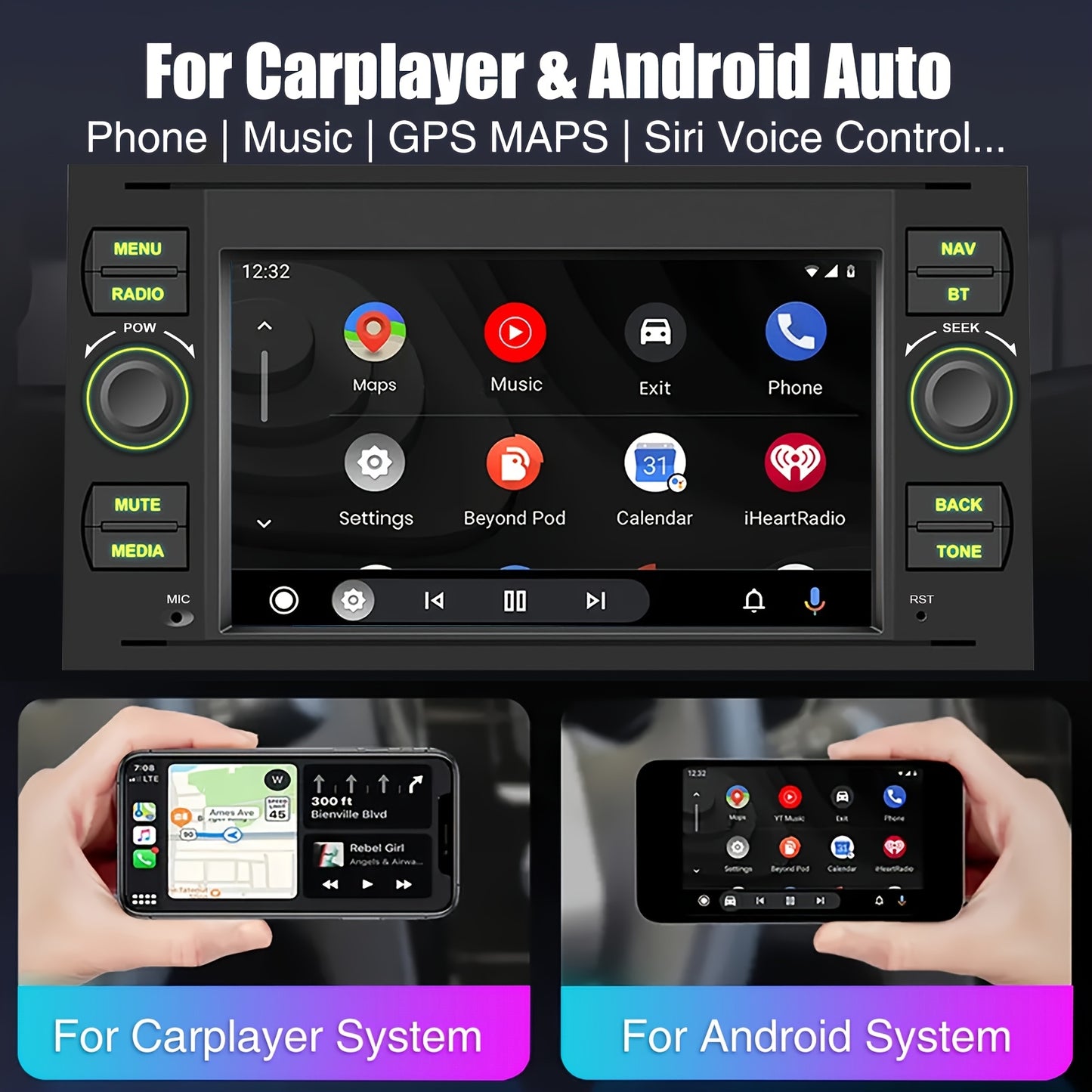 Autostereo – Car Radio – Autoradio – Multimedia Autoradio – Android 14 Stereosysteem – 7 Inch Touchscreen – Draadloze CarPlay & Android Auto – GPS Navigatie – Dual Camera Support – Voor Ford Modellen – Inclusief Microfoon en Installatietools