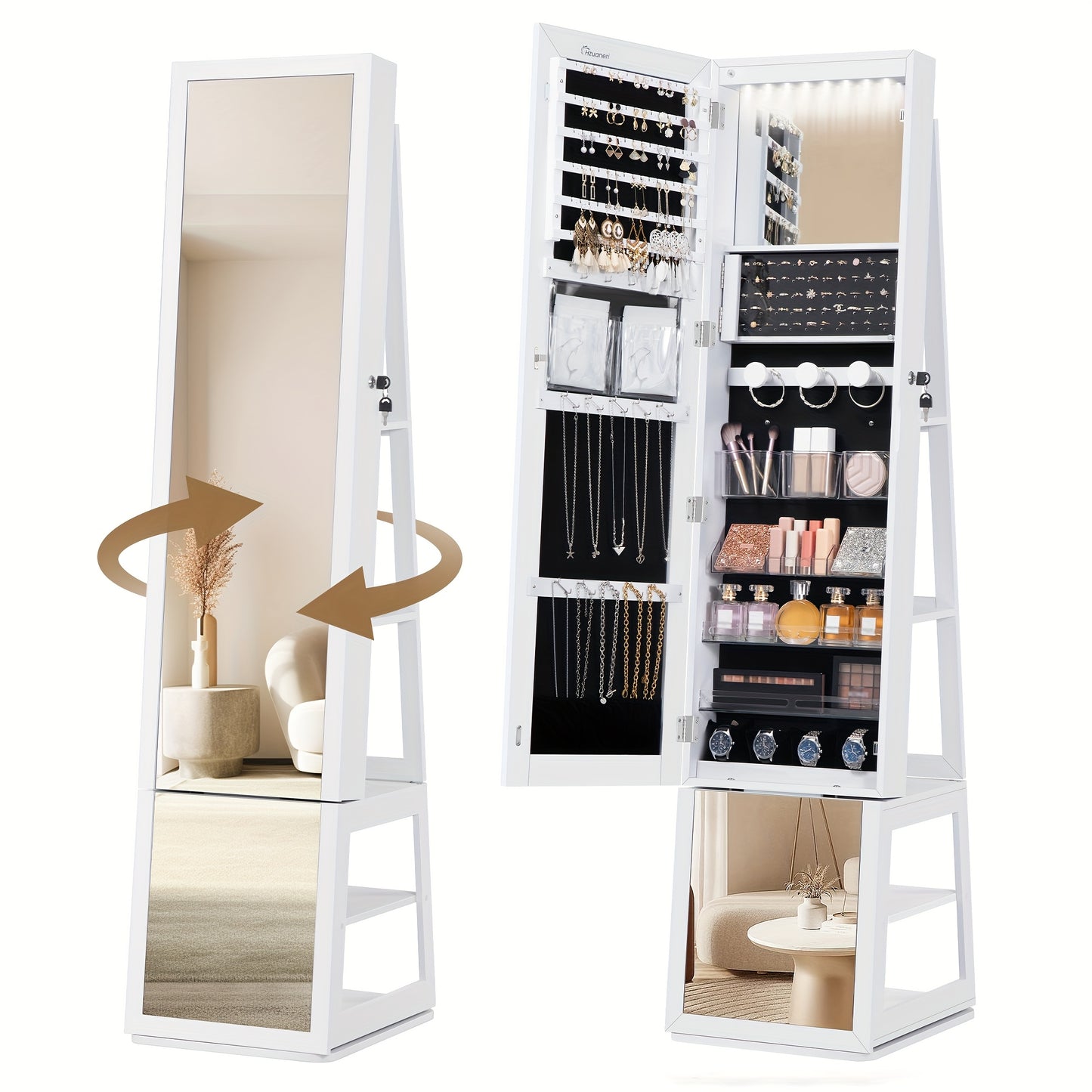 Sieradencabinet – Sieradenkast – Sieradenopberger – Make-up Organizer – Vloerspiegel Kast – Wit Beige – 360° Draaibare Spiegel – Afsluitbaar Met Sleutel