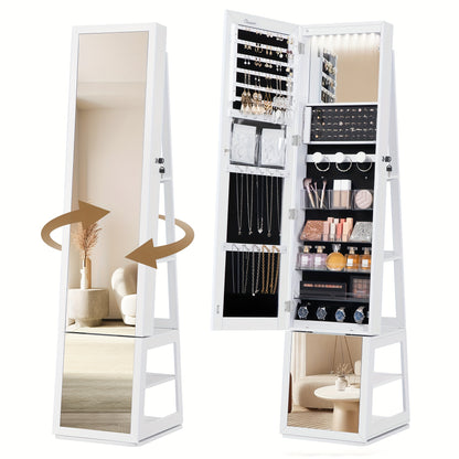Sieradencabinet – Sieradenkast – Sieradenopberger – Make-up Organizer – Vloerspiegel Kast – Wit Beige – 360° Draaibare Spiegel – Afsluitbaar Met Sleutel