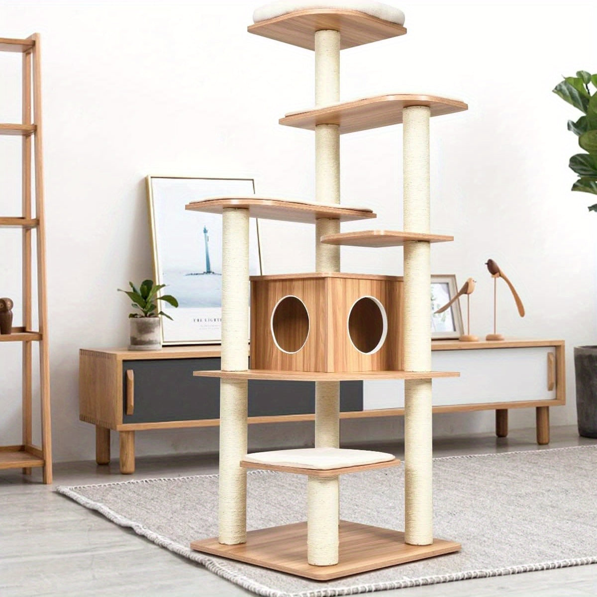 Krabpaal – Kattenboom – Kattenmeubel – Krabmeubel – Krabton – 7-laagse houten kattenboom – Sisal krabpalen en wasbare kussens – Retro bruin-beige design