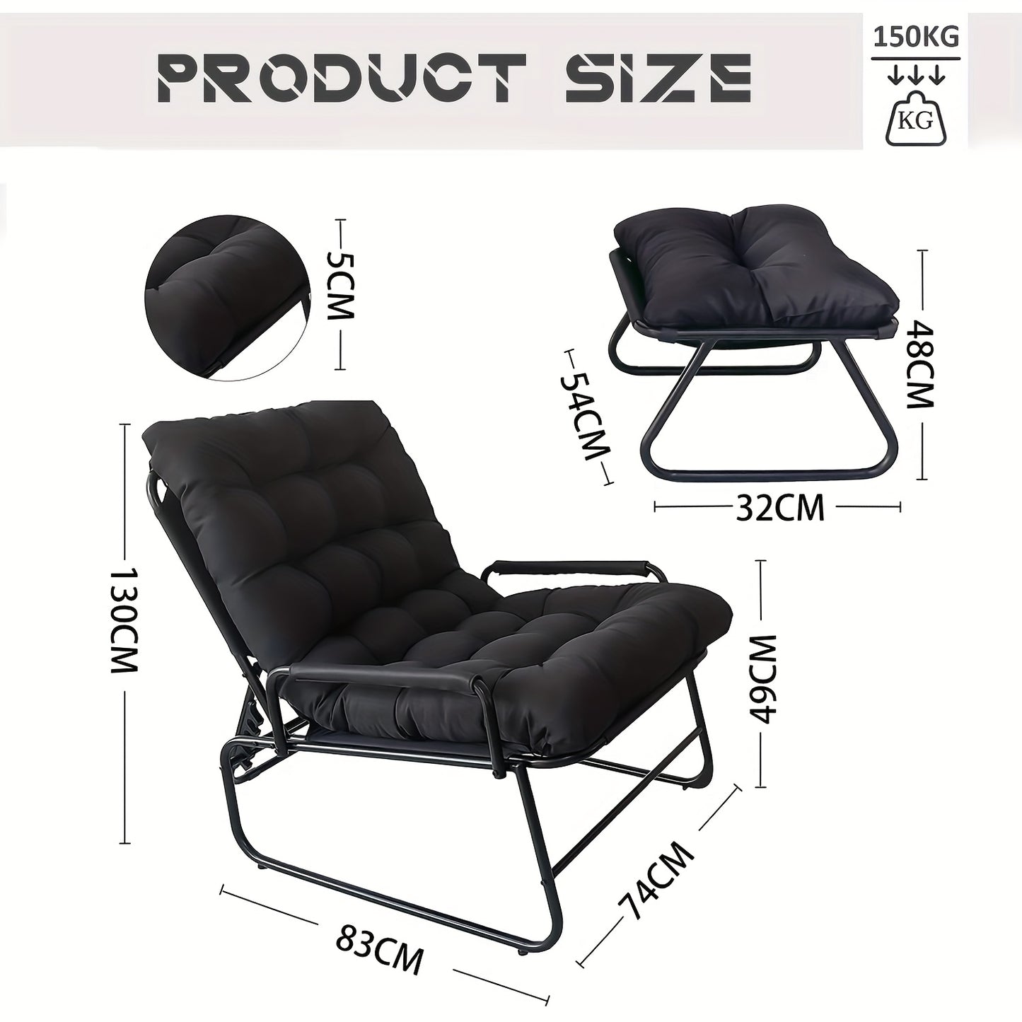 Balkon Loungestoel – Tuinstoel – Ligstoel – Terrasstoel – Loungechair Zwart – Verstelbare Rugleuning 5-Posities – Uitneembare Kussen Met Voetensteun