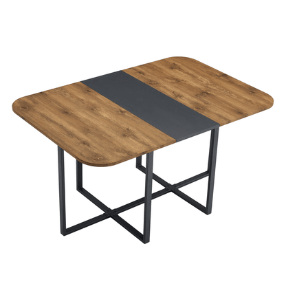 Extendable Dining Table with Wood Grain Finish and Black Stripe Accents | Sturdy Black Metal Frame, Space-Saving Design, Suitable for 4-6 People, Contemporary Style