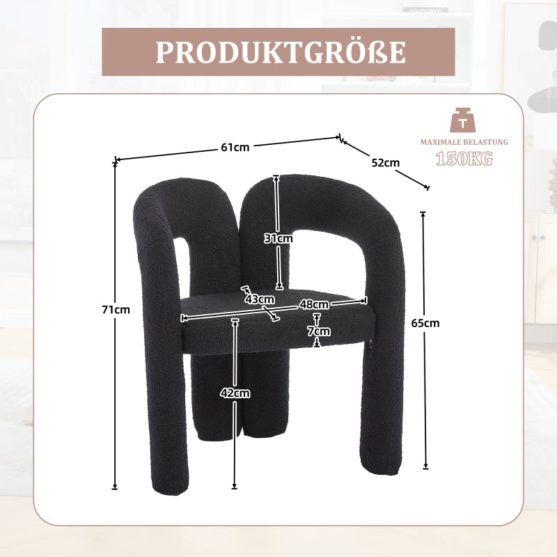 Stoel – Eetkamerstoel – Bureaustoel – Fauteuil – Leesstoel – Teddyflor Bekleding – Ergonomische Rugsteun – Zithoogte 42 cm – Stevig Houten Frame – Zwart