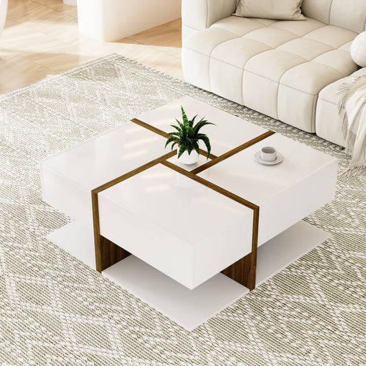 Salontafel – Koffietafel – Woonkamertafel – Bijzettafel – Tafel – Hoogglans Wit met Gouden Accenten – 78x78x34,8 cm – 4 Lades + Extra Opbergruimte