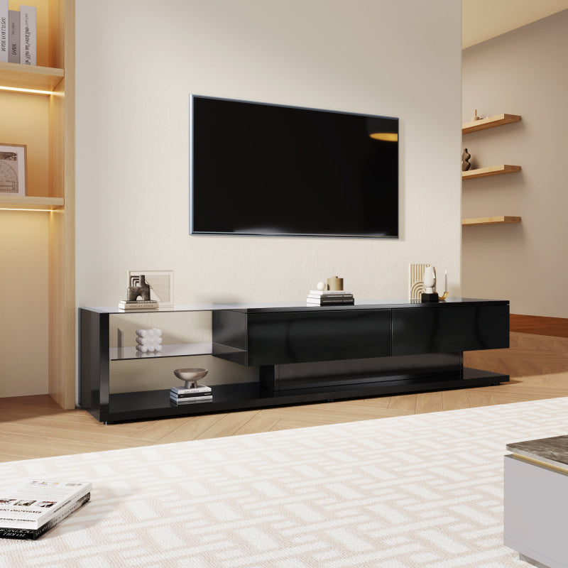 Lage TV-kast – Lowboard – Tv-meubel – Media Console – Entertainmentkast – Uitschuifbaar 127-150 cm – Hoogglans Zwart Spaanplaat