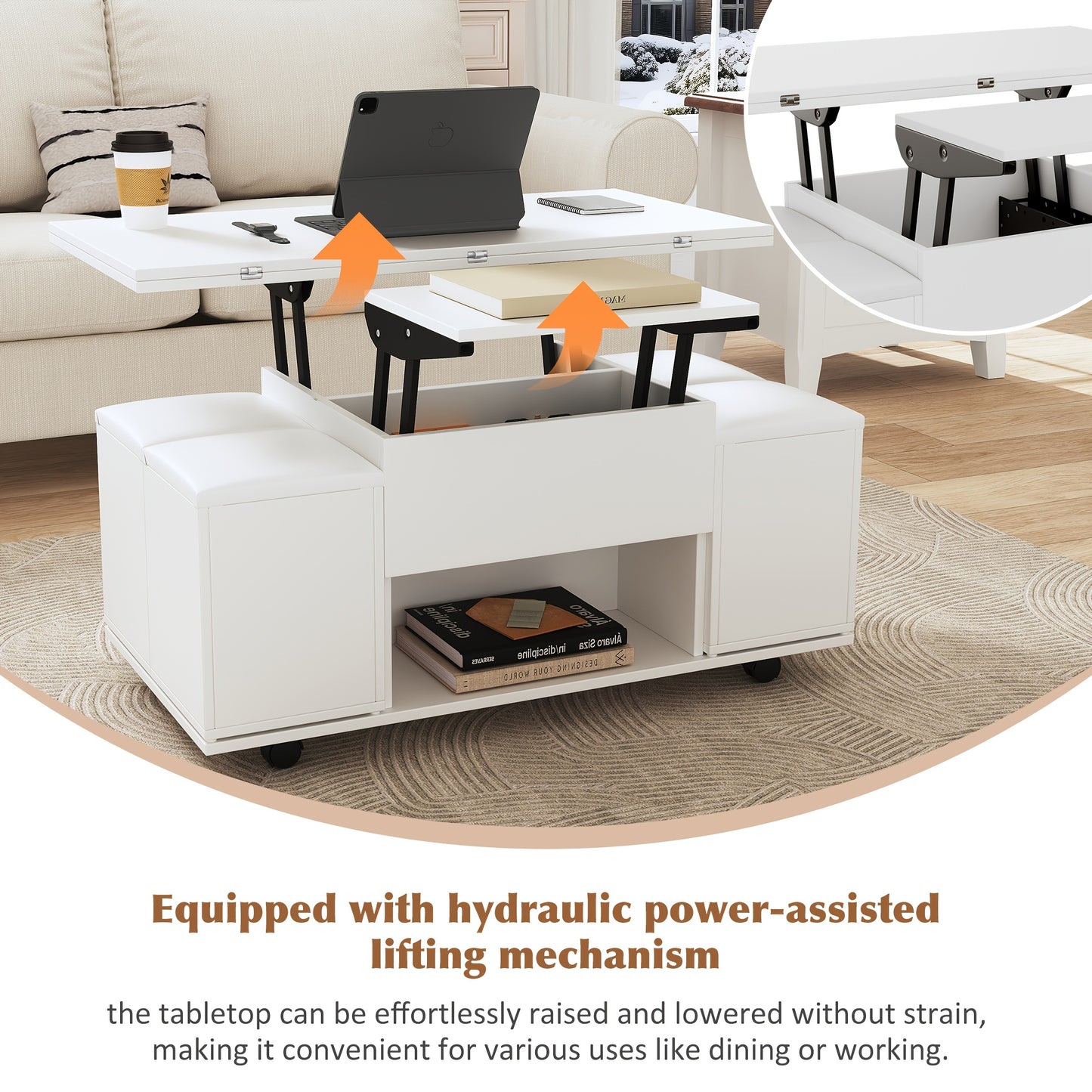 Moderne Hoekige Salontafel – Salontafel Set – Opberghocker – Verstelbare Salontafel – Woonkamertafel – Bamboe – Verstelbare Hoogte – 4 Opberghockers