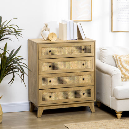4-laden kast – opbergkast – ladenkast – dressoir – commode – natuurlijk licht hout – rattan fronten – compact formaat – stevige MDF constructie
