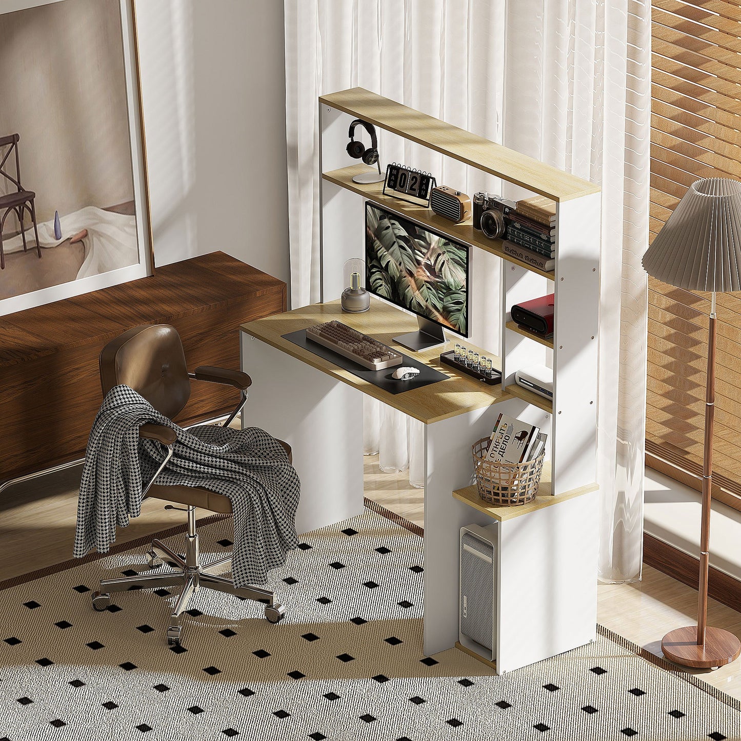 Bureau – Computerbureau – Schrijftafel – Werkplekmeubel – Thuiswerkbureau – Lichtbruin Eiken Wit – Met Open Opbergruimte – Inclusief Stevige CPU-standaard