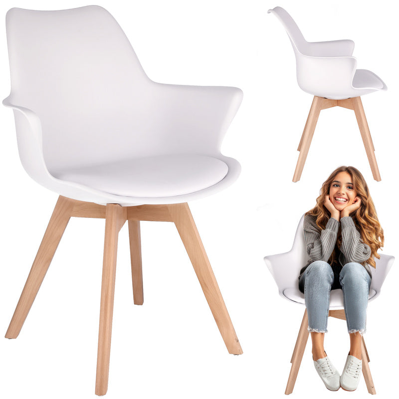 Witte Stoel – Eetkamerstoel – Kuipstoel – Fauteuil – Designstoel – Beukenhouten Poten – Ecologisch Leren Zitkussen