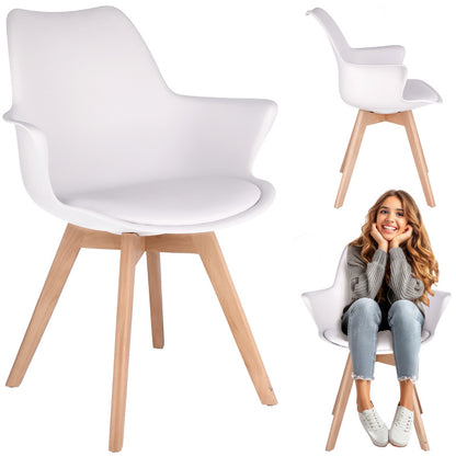 Witte Stoel – Eetkamerstoel – Kuipstoel – Fauteuil – Designstoel – Beukenhouten Poten – Ecologisch Leren Zitkussen