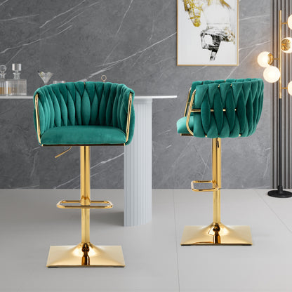Barkrukken Set – Barstoelen – Keukenstoelen – Draaibare Krukken – Eetkamerstoelen – Verstelbare Hoogte – 360° Draaibaar Met Gouden Frame – Smaragdgroen Fluweel
