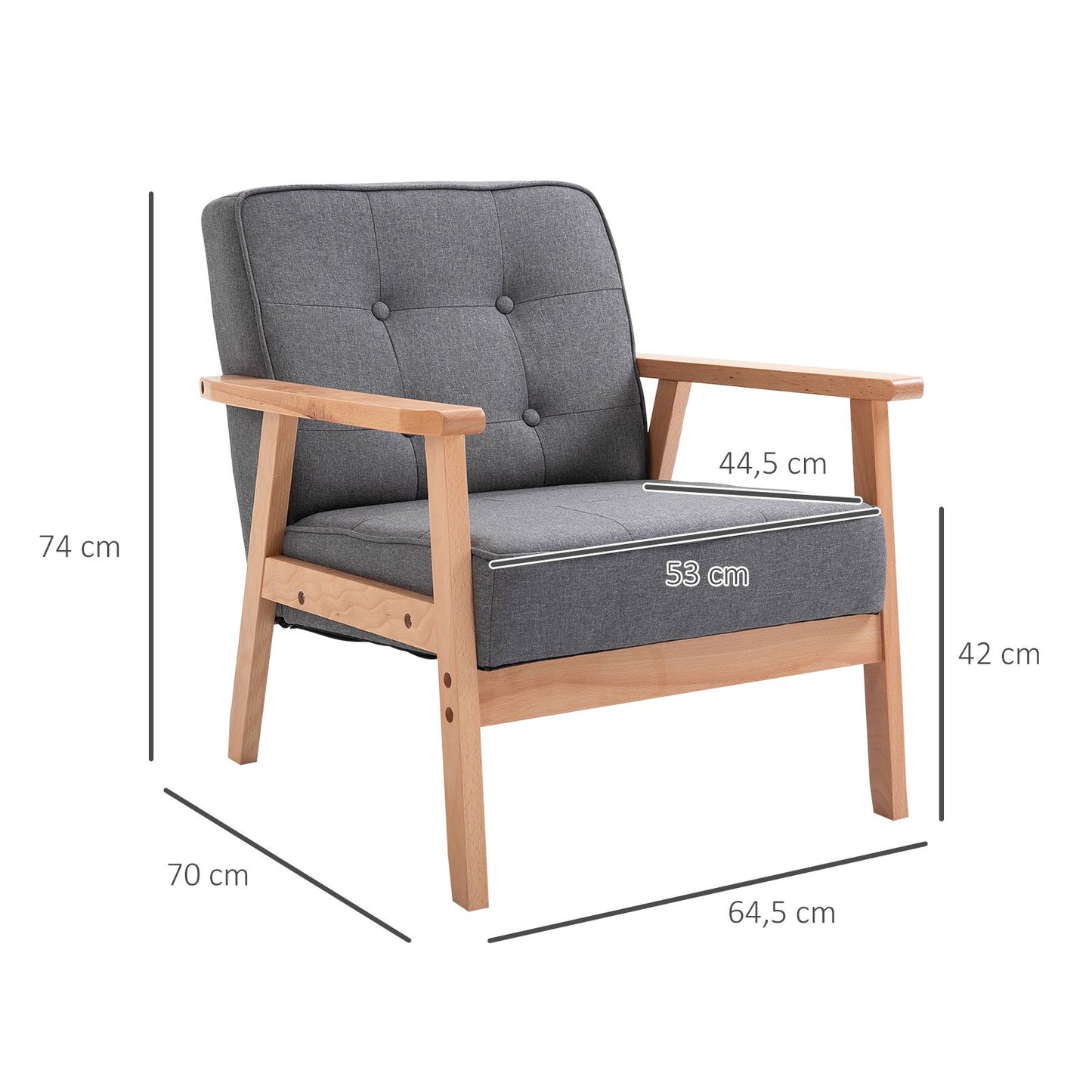 Loungestoel – Fauteuil – Zetel – Relaxstoel – Armstoel – Massief Beukenhouten Frame – Comfortabele Grijze Linnen Bekleding – 64,5x70x74 cm