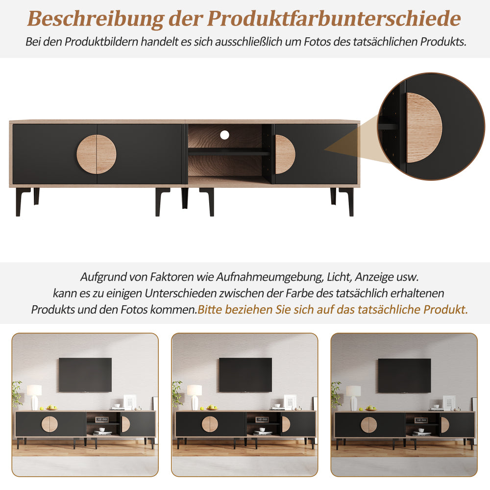 Modern TV Stand Compatible for 80-Inch TVs - Low Profile Media Console with 2 Cupboards & Open Shelves, Heavy-Duty Metal Frame, Assembly, Living Room Entertainment (180x35x49cm)
