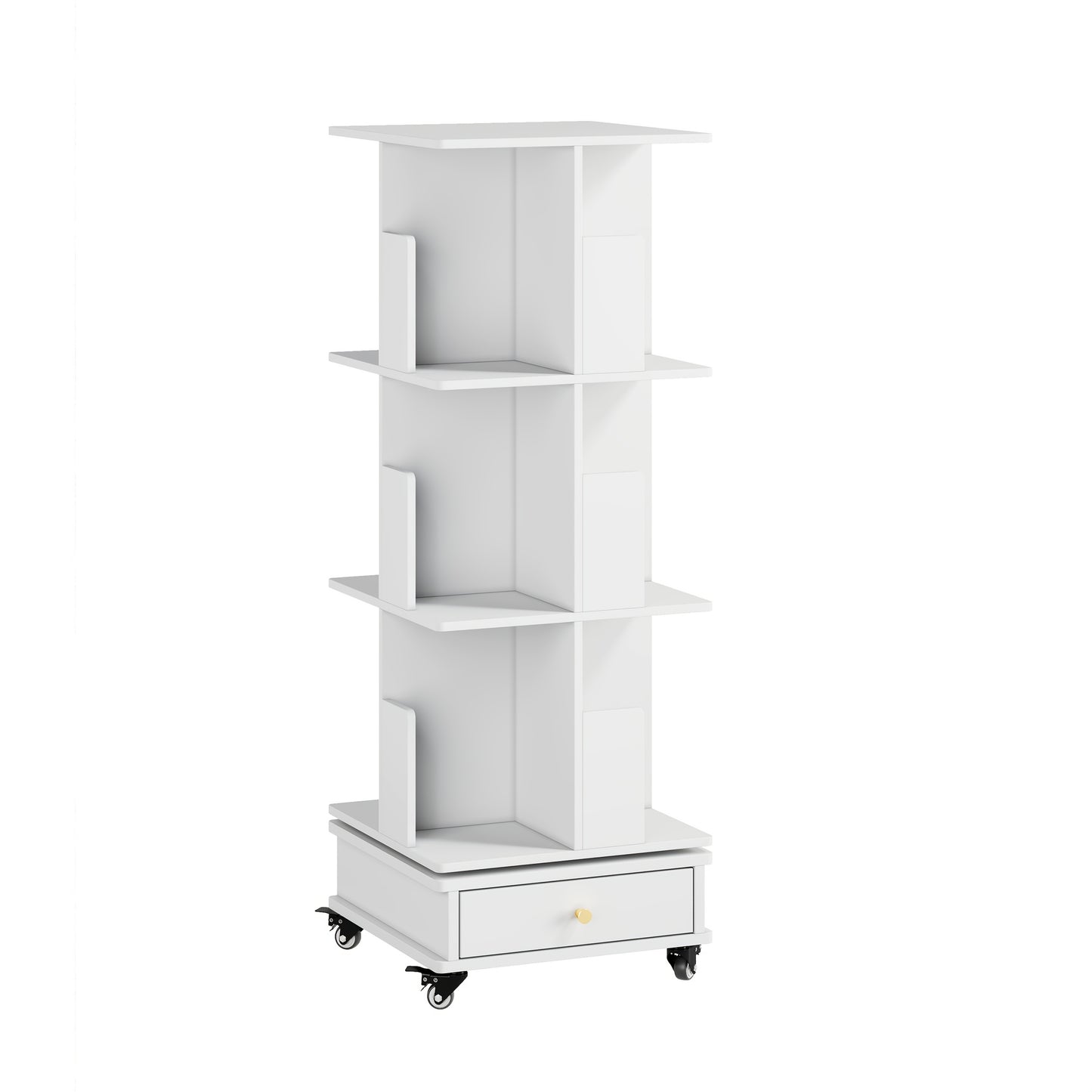 Boekenkast – Boekenrek – Opbergkast – Draaibare Kast – Mobiele Boekenkast – 3-laags met Lade – 360° Draaibaar met Vergrendelbare Wielen – Duurzaam Hardhout, Compact & Ruimtebesparend