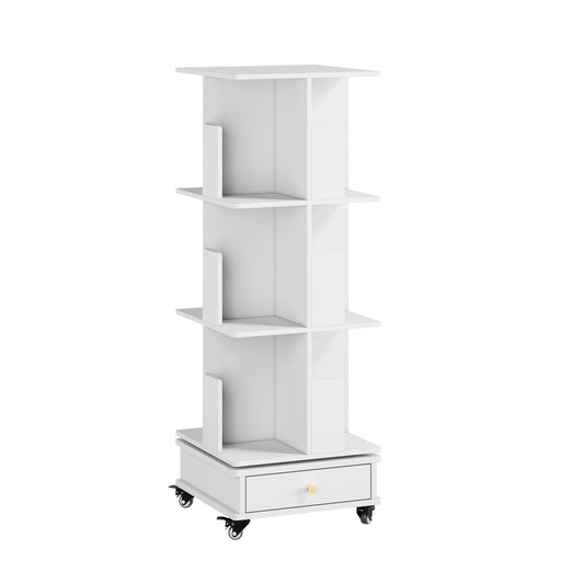 Boekenkast – Boekenrek – Opbergkast – Draaibare Kast – Mobiele Boekenkast – 3-laags met Lade – 360° Draaibaar met Vergrendelbare Wielen – Duurzaam Hardhout, Compact & Ruimtebesparend