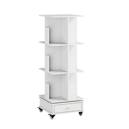Draaibare Boekenkast – Boekenplank – Opbergkast – Rotatiekast – Witte Boekenkast – 3 Laags Met Lade – 360° Draaibare Planken – Lockbare Wieltjes