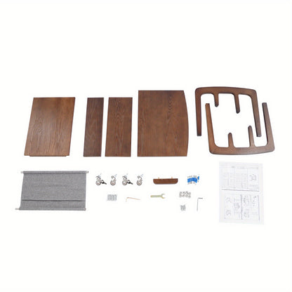 Salontafel met Opbergruimte – Bijzettafel – Koffietafel – Wandtafel – Rolstoeltafel – 4-laags Opbergruimte – Modern C-vormig Design – Rubberhout en IJzer – Wieltjes met Rem – 60 cm Hoog – Notenkleur