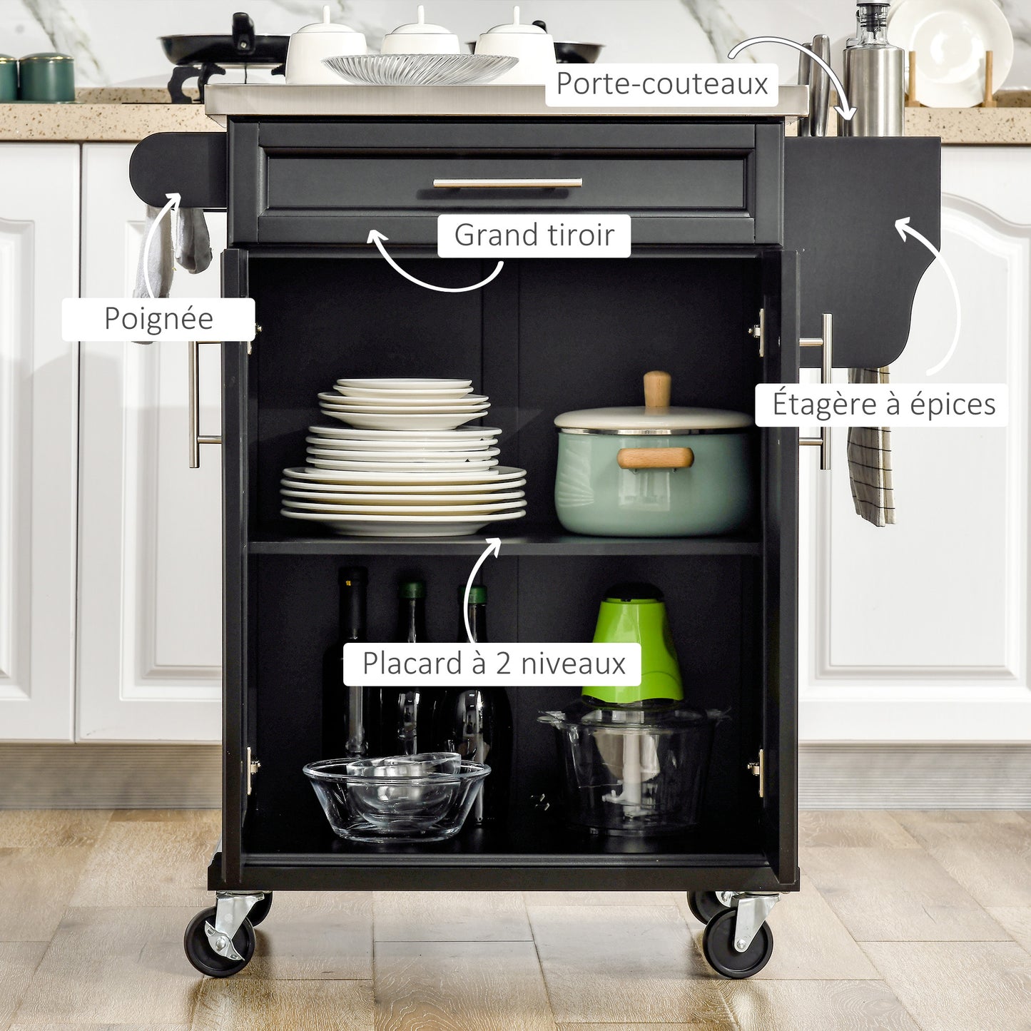 Keukentrolley – Serveerwagen – Keukenkast – Opbergtrolley – Werktafel – RVS Werkblad – Zwart Hout – 2-Deurs Kast – Zwenkwielen Met Rem