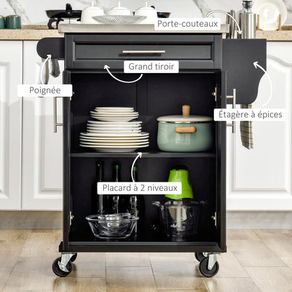 Keukentrolley – Serveerwagen – Keukenkast – Opbergtrolley – Werktafel – RVS Werkblad – Zwart Hout – 2-Deurs Kast – Zwenkwielen Met Rem