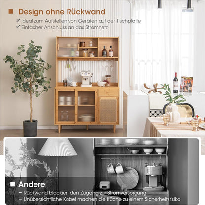 Buffetkast – Buffetkastje – Keukenkast – Opbergkast – Dressoir – Bamboe En Rattan – 120 cm Breed Werkblad – Schuifdeuren Met Glasrek