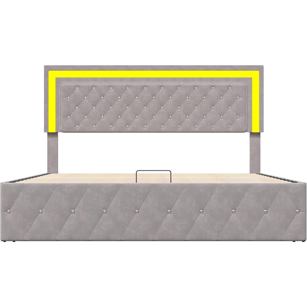 Bed 140x200 cm – Tweepersoonsbed – Opbergbed – Gestoffeerd Bed – Led Bed – Hydraulisch Liftsysteem – Luxe Beige Velvet – Verstelbare LED-lichtstrip