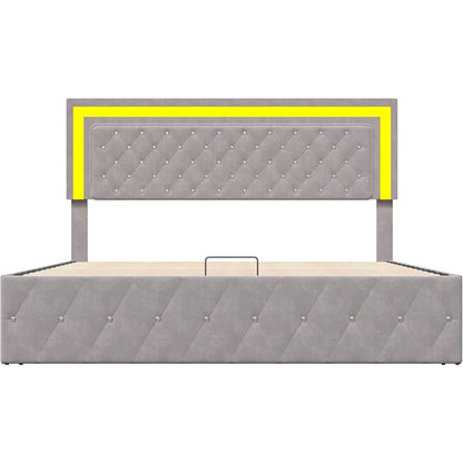 Bed 140x200 cm – Tweepersoonsbed – Opbergbed – Gestoffeerd Bed – Led Bed – Hydraulisch Liftsysteem – Luxe Beige Velvet – Verstelbare LED-lichtstrip