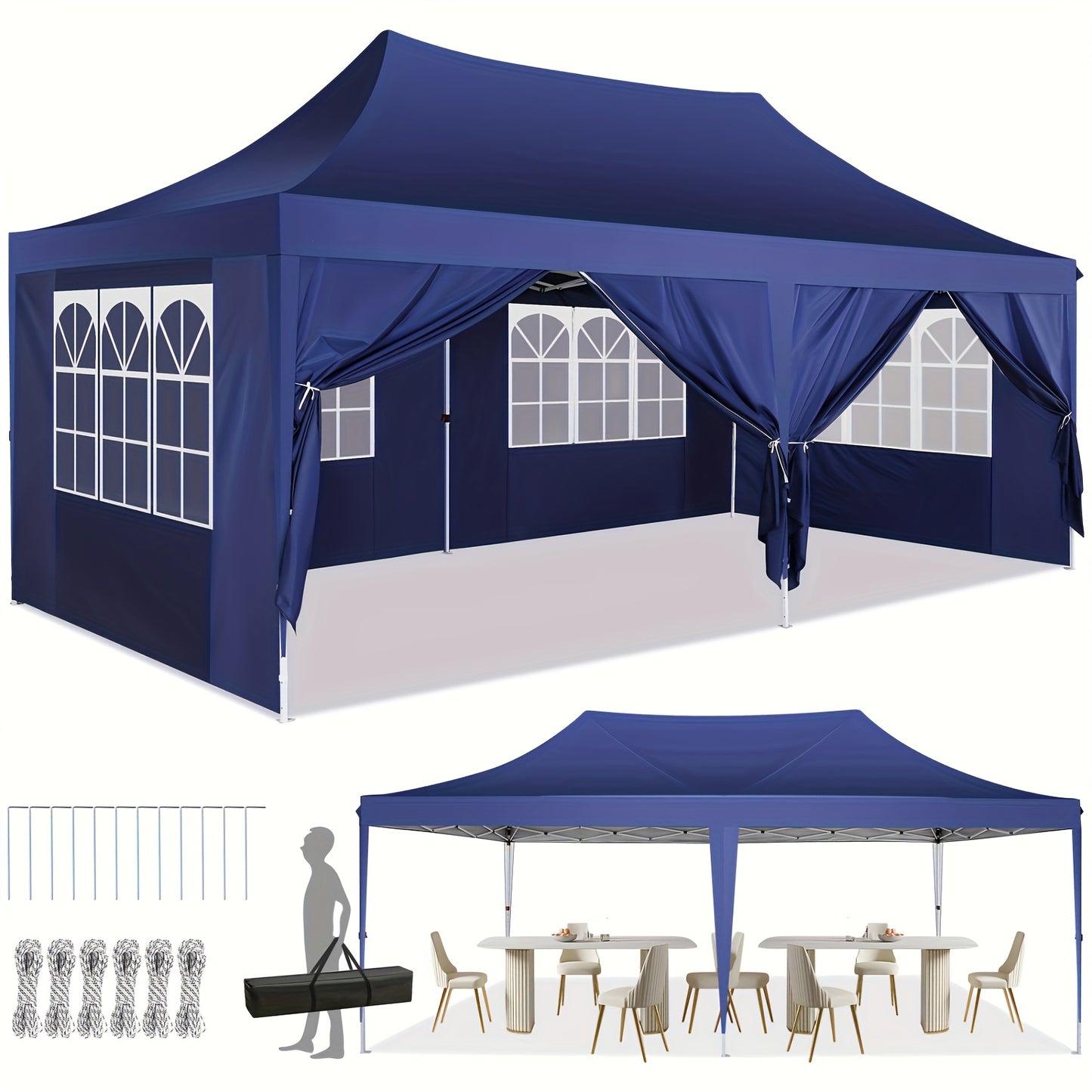 Pop-up Tent – Vouwtent – Partytent – Kampementstent – Tuinent – Diepblauw – 3,05x6,1 Meter – Hoogwaardig Oxford Doek – 6 Afneembare Zijwanden - QUORE