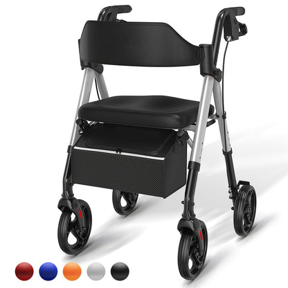 Opvouwbare Rollator – Looprek – Wandelwagen – Rollator Met Zitje – Seniorenrollator – Aluminium Frame – Grote 20,32 cm Wielen – Verstelbare Hoogte – Ergonomisch Zitje – Draagvermogen 136 kg – Rood