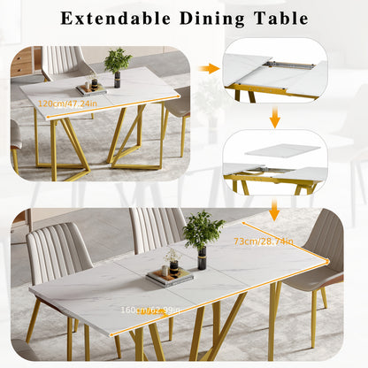 Eettafel – Dinertafel – Keukentafel – Uitschuifbare Tafel – Marmerlook Tafel – Wit Met Gouden Accenten – Verstelbare Poten – Uitschuifbaar Design