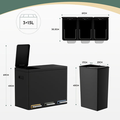 Prullenbak – Afvalbak – Afvalemmer – Pedaalemmer – Afvalscheidingsprullenbak – 45 Liter – 3 Compartimenten – Soft-Close Deksel – Voetbediening – Kunststof