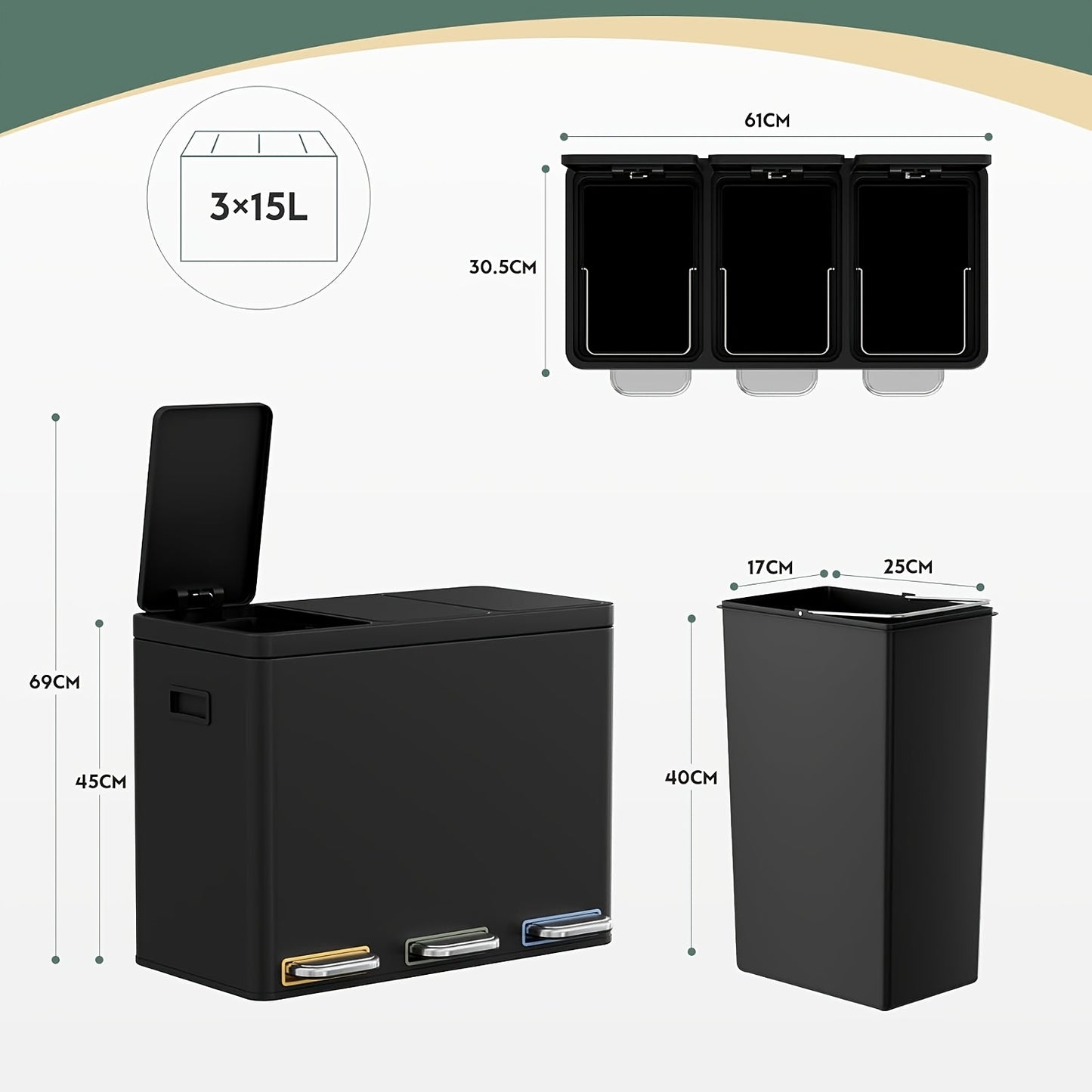 45 L Kitchen Trash Can | 3 Compartments, Soft-Close Lid, Inner Bin, Foot-Operated Recycling Bin, Waste Sorting Bin, Plastic, Polished Finish, Step-on Opening Mechanism