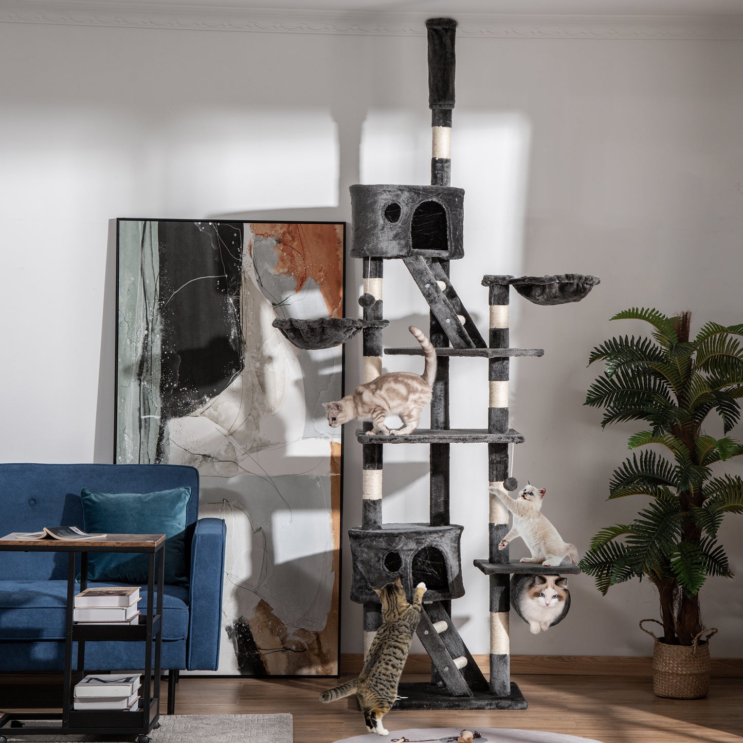 Scratching Tree Ceiling-High Height 240-260 Cm Cat Tree with Plush Balls, Cat Cave, Hammock, Sisal Poles, Multi-Level Platforms Cat Scratching Tree Climbing Tree for Large Cats, Dark Grey