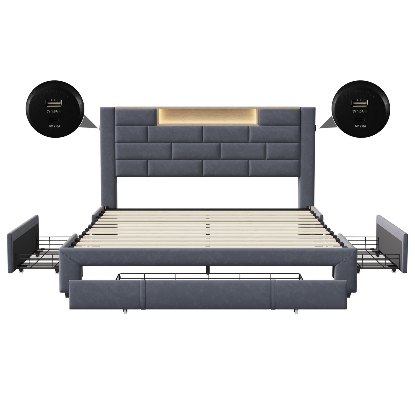 Tweepersoonsbed 140x200 cm – Bed Met Opberglades – Ladebed – Opbergbed – Velvet Bed – Grijs Bekleed – 3 Ruime Lades – Stevig Met Houten Lattenbodem