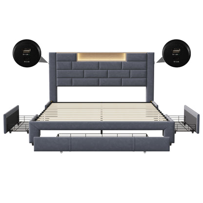 Tweepersoonsbed 140x200 cm – Bed Met Opberglades – Ladebed – Opbergbed – Velvet Bed – Grijs Bekleed – 3 Ruime Lades – Stevig Met Houten Lattenbodem