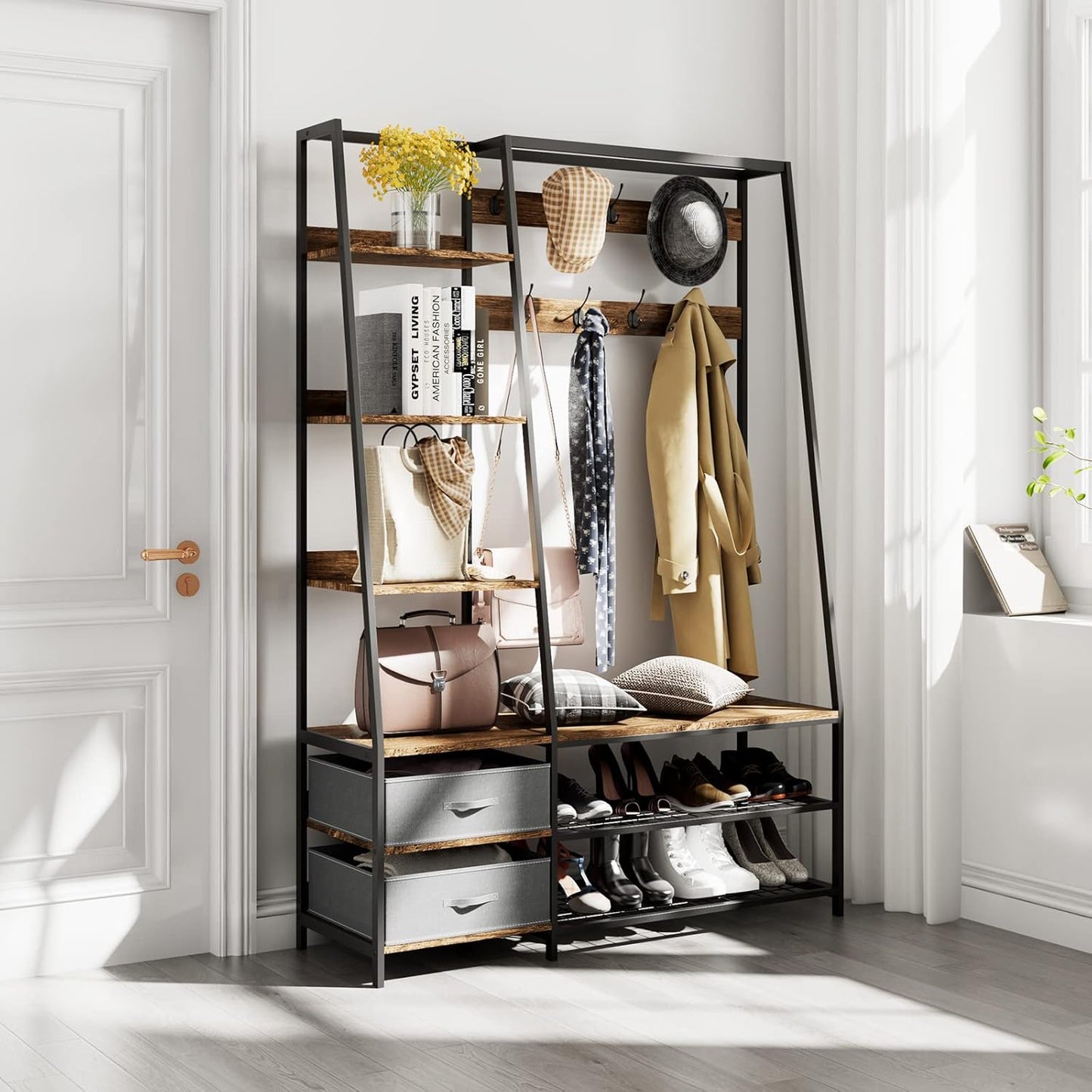 Kapstok – Garderobekast – Garderoberek – Staande Kapstok – Opbergkast – Industriële Garderobe – 9 Dubbele Haken – Zitbankje Met Opbergruimte – 122x40x180 cm – Metaal en Hout