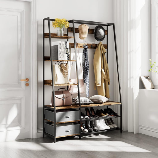 Kapstok – Garderobekast – Garderoberek – Staande Kapstok – Opbergkast – Industriële Garderobe – 9 Dubbele Haken – Zitbankje Met Opbergruimte – 122x40x180 cm – Metaal en Hout