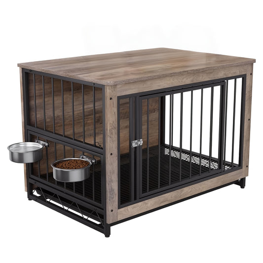 Houten Dierenkooi – Hondenkooi – Kattenkooi – Huisdierenkooi – Hondenbench – Grijs – 93x64x58 cm – Inclusief 2 RVS Voerbakken – Verwijderbare Tray