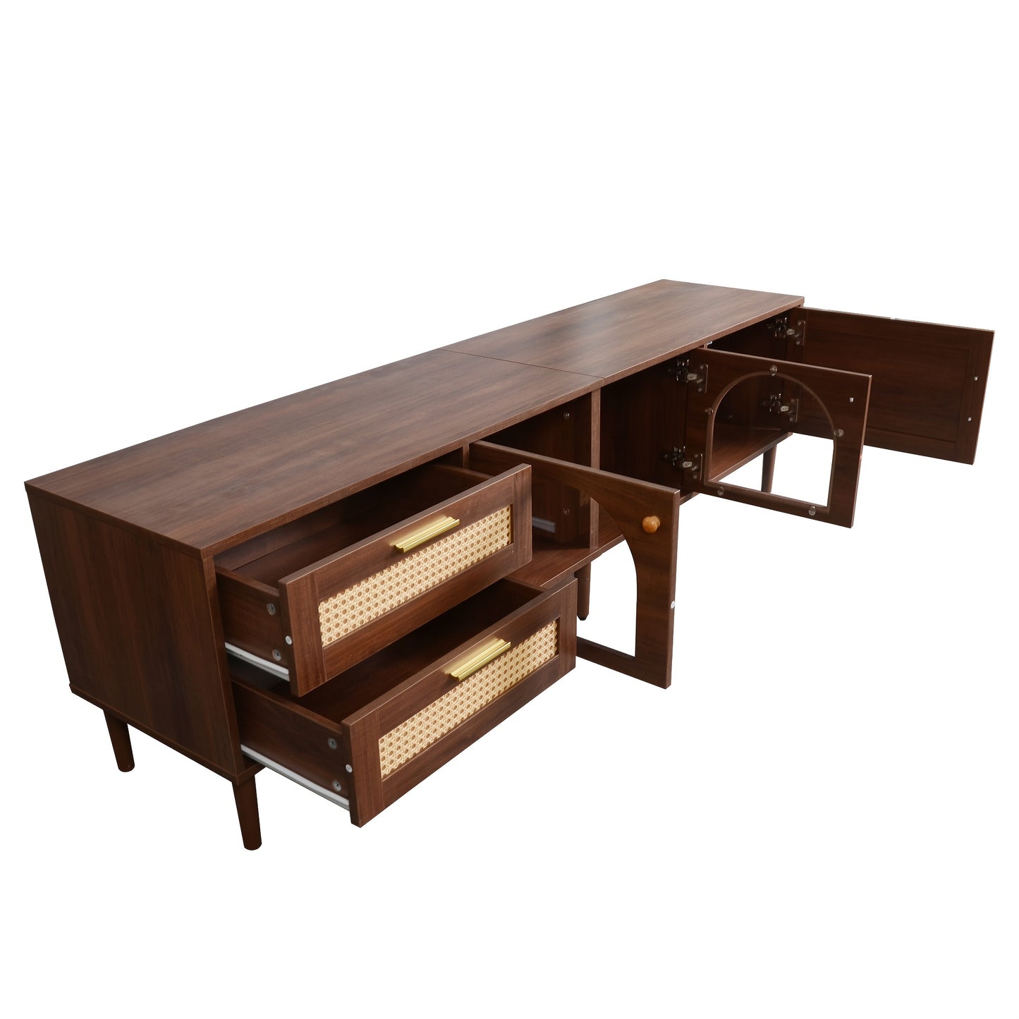 Tv-kast – Tv-meubel – Mediameubel – Tv-console – Bruin – Gebogen Glazen Deuren – Rattan Lades – 203,2 cm Breed – Geen Montage Nodig