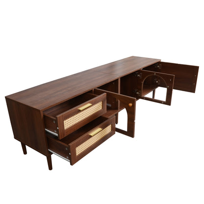 Tv-kast – Tv-meubel – Mediameubel – Tv-console – Bruin – Gebogen Glazen Deuren – Rattan Lades – 203,2 cm Breed – Geen Montage Nodig