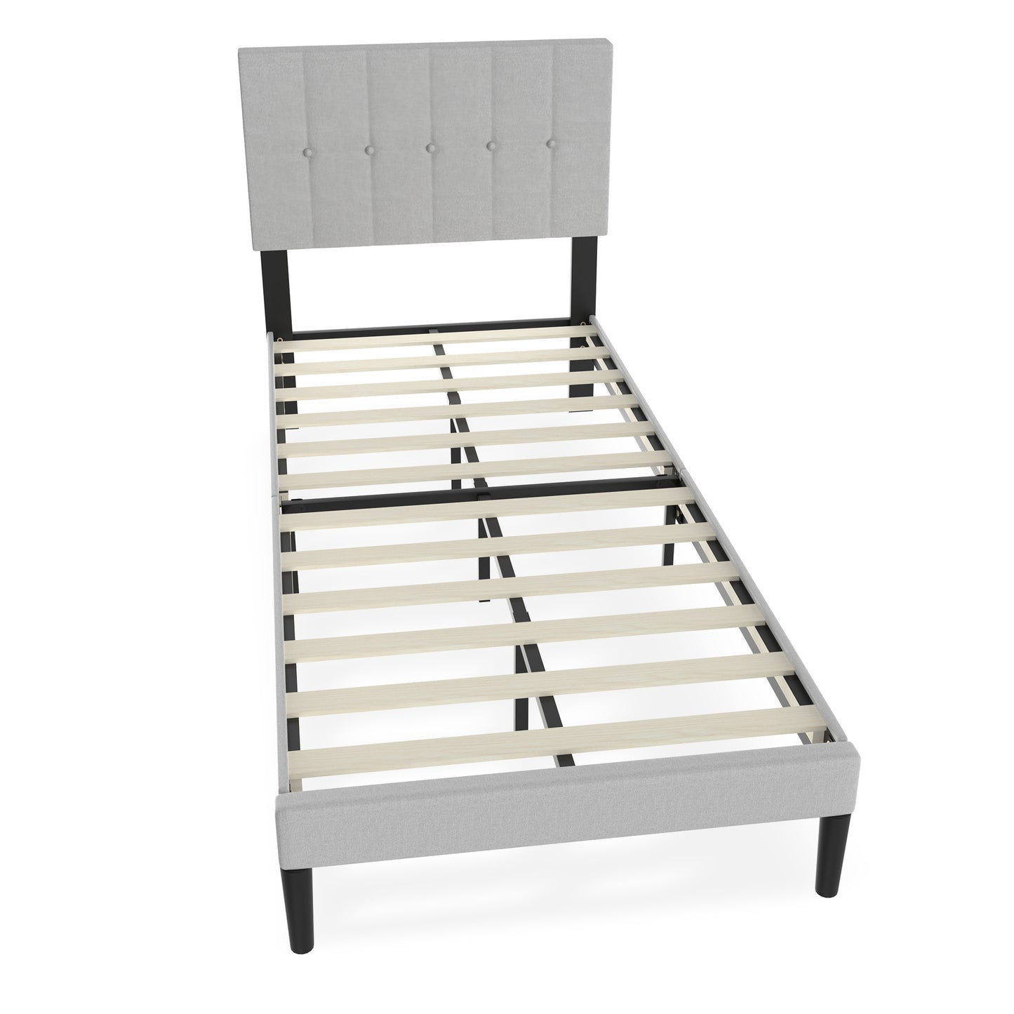 Bedframe – Metalen Bed – Logeerbed – Bedombouw – Slaapbank – Linnen Hoofdbord – 12 Latten – Max Draagkracht 300 kg – Modern Design – Grijs 90x200 cm