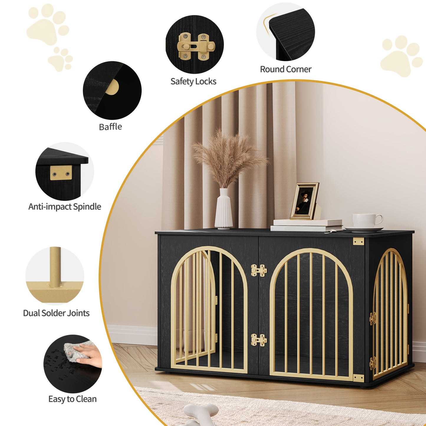 Hondenbench – Hondenkooi – Hondenverblijf – Huisdierbench – Hondenren – Zwart-Gouden Design – 3 Draaideuren & Boogvormige Deur – Stevig Metaal en Hout – 60 x 100 x 63 cm – Voor Middelgrote tot Grote Honden