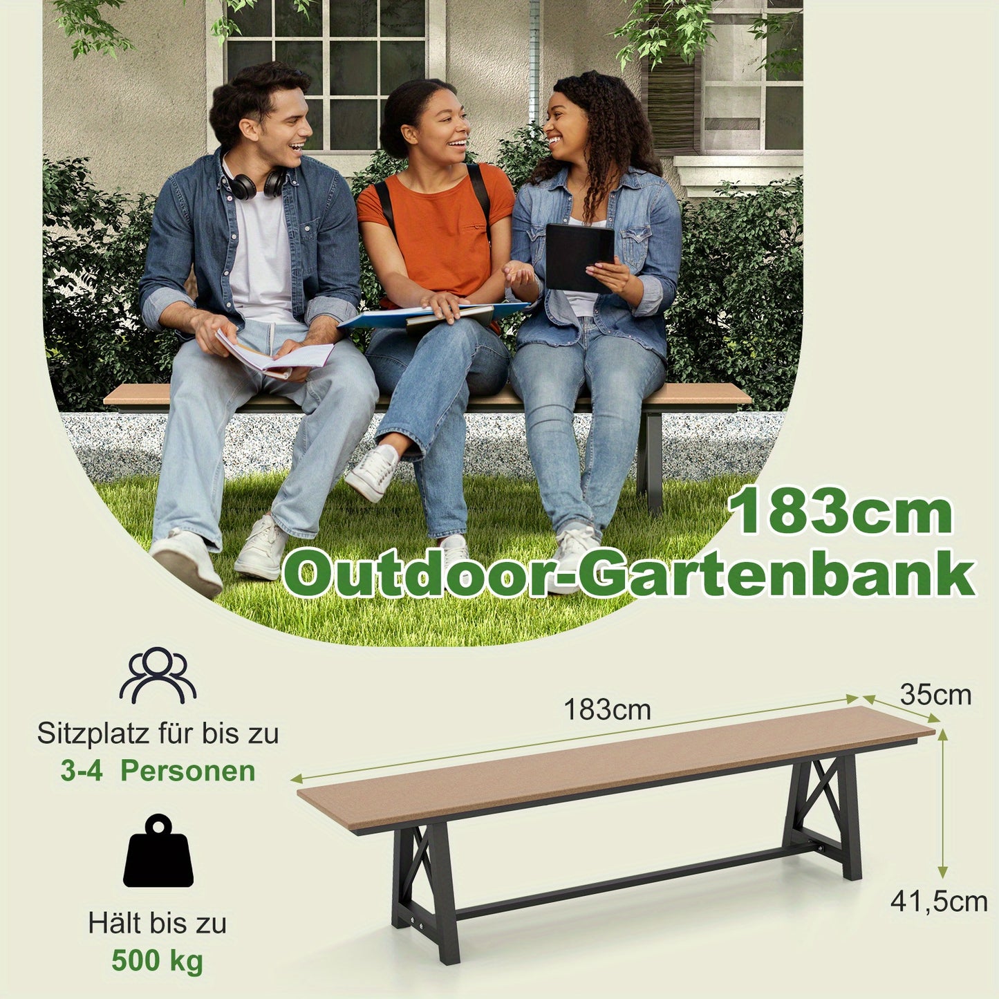 Buitenbank – Tuinbank – Balkonbank – Parkbank – Zitbank – Weerbestendig HDPE – Met Stabiel Metalen Frame – 183 cm – 500 kg Draagvermogen