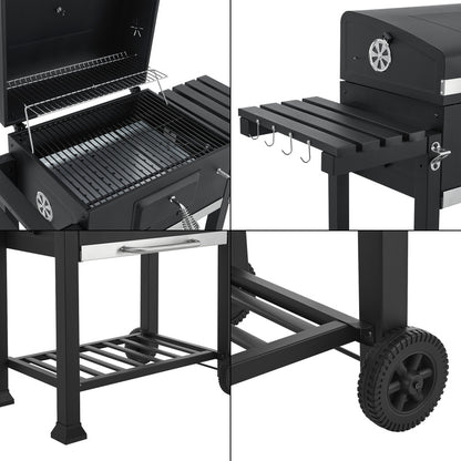 Grillwagen – Houtskoolbarbecue – Barbecuewagen – Tuingrill – BBQ Trolley – Zwart – Groot Grilloppervlak – Ingebouwde Thermometer