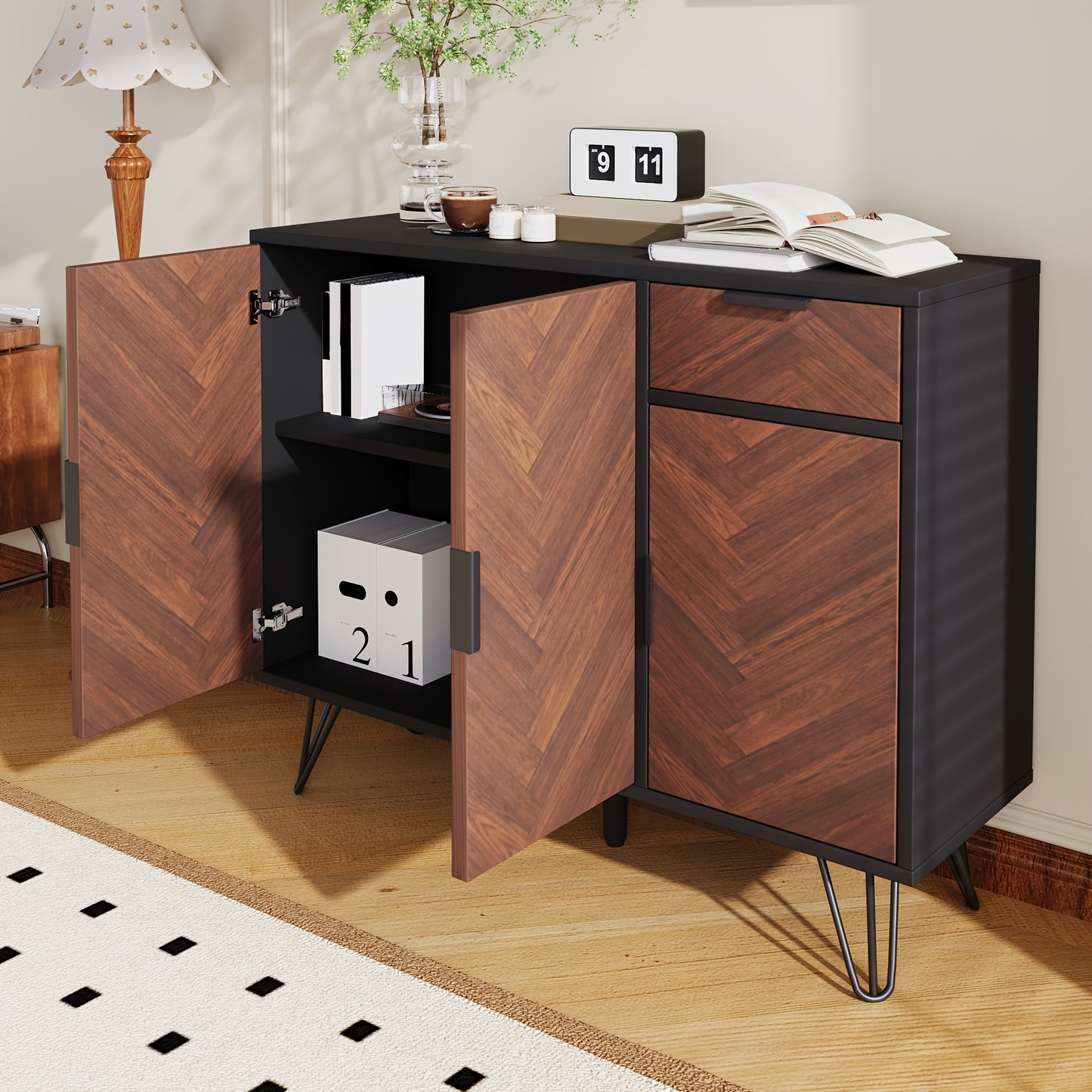 Opbergkast – Kasten – Sideboard – Dressoir – Lockers – Zwart Met Houtlook – Verstelbare Planken – Lade – Stevige Constructie