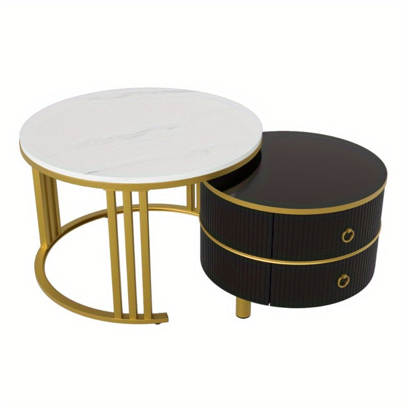 Salontafelset – Salontafel – Bijzettafel – Nesting Tafel – Koffietafel – Ronde Set – Glanzend Marmerlook Blad – 2 Opberglades – Modern Design – 70x70x46 cm & 50x50x40 cm